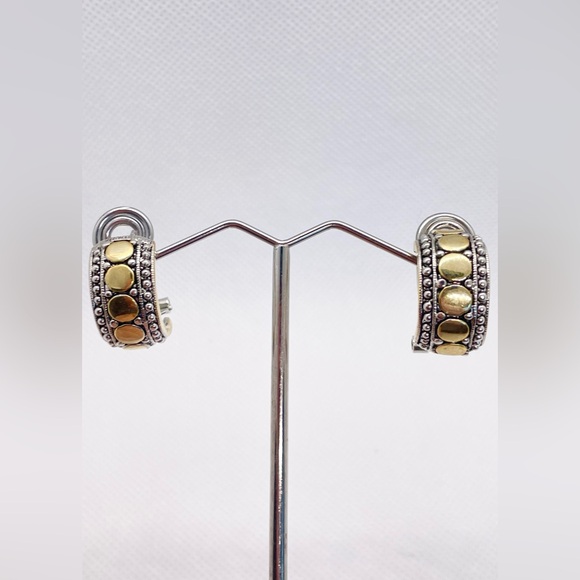 Beautiful gold and silver tone hoops. Gold circular design with one piece clasp. - Picture 7 of 12